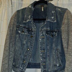 Free people denim jacket with knit sleeves